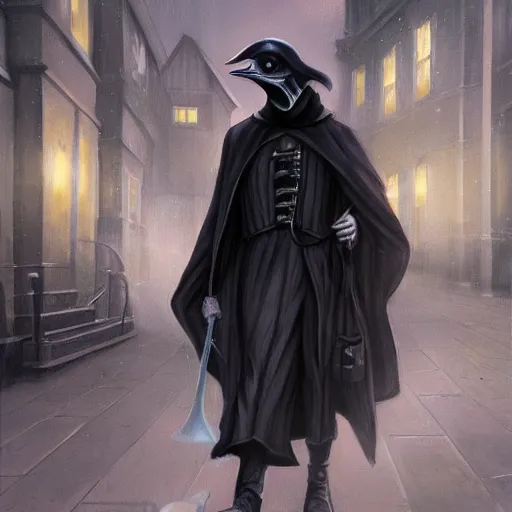 Image similar to plague doctor walking the streets of london by charlie bowater, dark tones