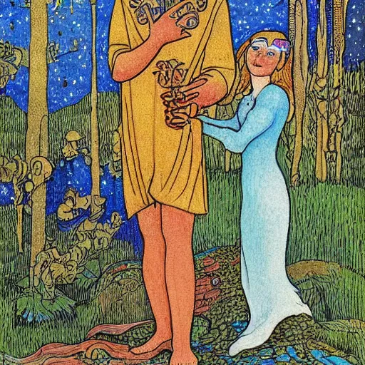 Prompt: a young couple who moved to another planet, hot weather, full growth, by Ivan Bilibin, Russian fairytales illustration