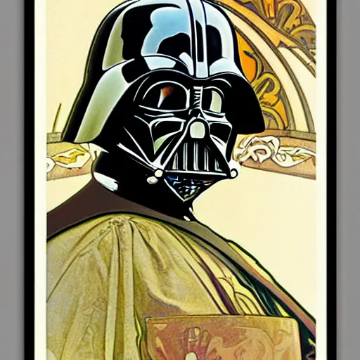 Image similar to Darth Vader helmet , elegant art nouveau poster by Alphonse Mucha, james gurney