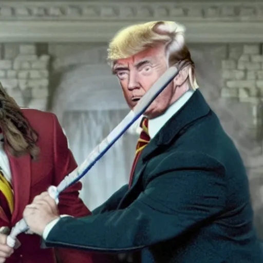 Image similar to harry potter using his magic wand to remove donald trump's suit, realistic photo.