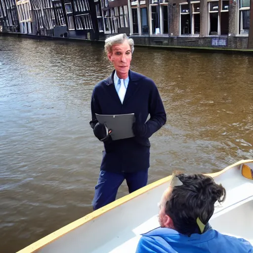 Prompt: bill nye the science guy awing in amazement rowing a boat through the canals of amsterdam