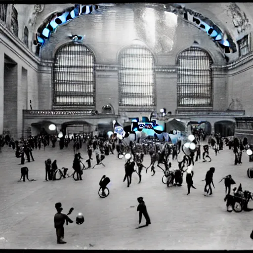 Image similar to colorized photo of water - balloon fight in grand central station 1 9 2 3