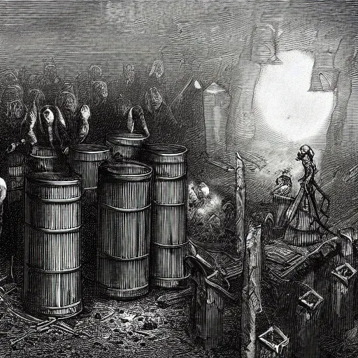 Image similar to nine steel barrels in a graveyard with 2 zombies, creepy atmosphere, dark, portrait, realistic, very realistic, illustration by gustave dore