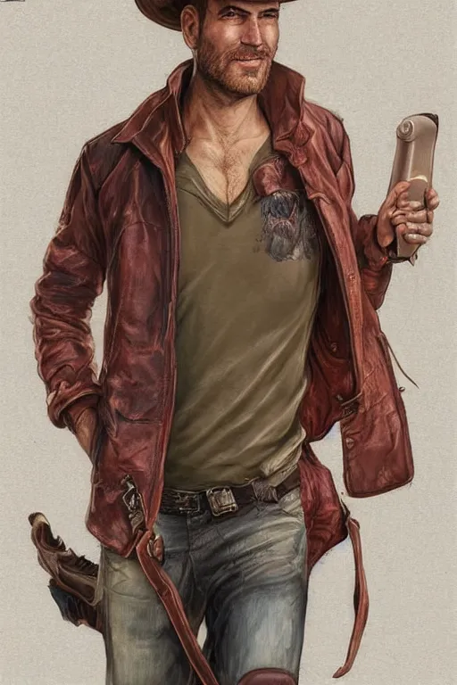 Prompt: character design, reference sheet, 40's adventurer, unshaven, optimistic, stained dirty clothing, straw hat, heavy boots, red t-shirt, dusty brown bomber leather jacket, detailed, concept art, photorealistic, hyperdetailed, , art by Leyendecker