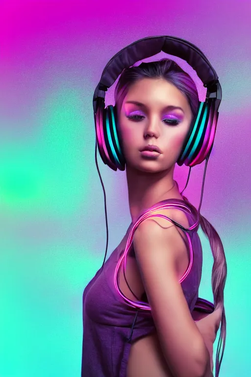 Image similar to a award winning half body portrait of a beautiful woman with stunning eyes in a croptop and cargo pants with ombre purple pink teal hairstyle and wearing headphones on her ears by thomas danthony, surrounded by whirling illuminated lines, outrun, vaporware, digital art, trending on artstation, highly detailed, fine detail, intricate