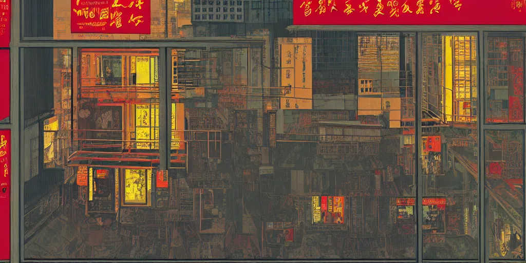Prompt: through a window, view in hong kong, by dan mumford and peter doig and edward hopper, minimal, black in, thick lines highly detailed, muted colours, overlaid with chinese adverts, 8 k