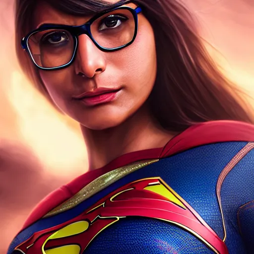 Image similar to a close up face of Mia Khalifa as Supergirl by Greg Rutkowski, Sung Choi, Mitchell Mohrhauser, Maciej Kuciara, Johnson Ting, Maxim Verehin, Peter Konig, Zack Snyder, 8k photorealistic, cinematic lighting, HD, high details, dramatic, trending on artstation,