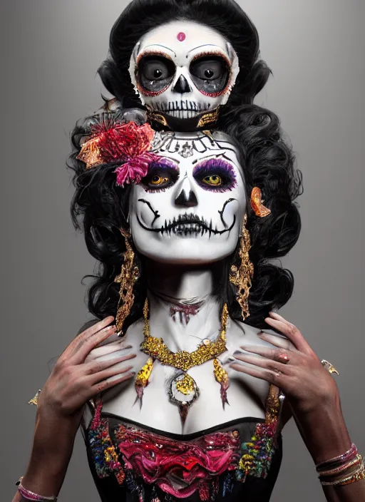 Image similar to a Photorealistic dramatic hyper realistic render of a glamorous Mexican Catrina, smoke by Ken Brower and Deborah Ory, Lois Greenfield, Beautiful dynamic dramatic dark moody lighting, volumetric, shadows, cinematic atmosphere, Octane render, 8K