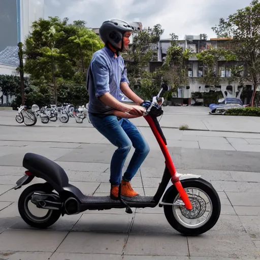 Prompt: A seagull sitting on top of a man, who is riding an electric scooter