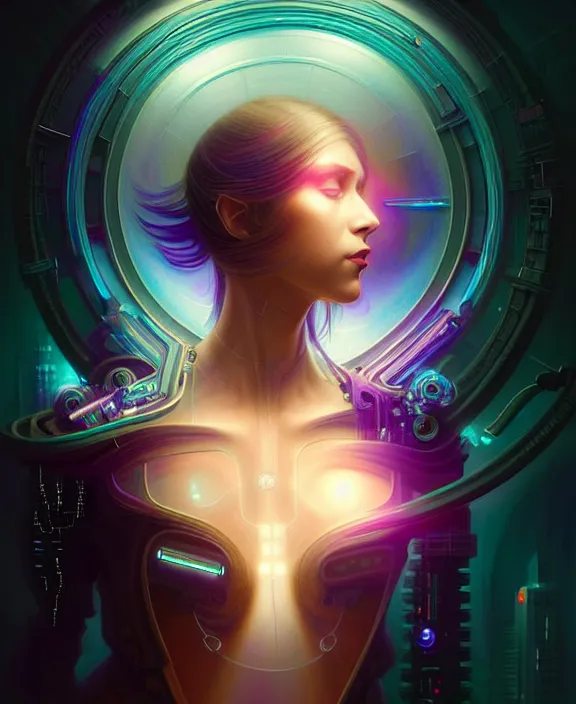 Image similar to a whirlwind of souls rushing inside the metaverse, hologram, half body, neurochip, shaved temple, piercing, jewelry, android, cyborg, cyberpunk face, by loish, d & d, fantasy, intricate, elegant, highly detailed, colorful, digital painting, artstation, concept art, art by artgerm and greg rutkowski and alphonse mucha