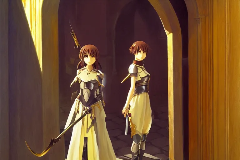 Image similar to anime key visual of young female fantasy knight, shoulder length brown hair shining detailed platinum and gold armor, wielding two daggers, standing in the doorway of an ancient monastery, style of jamie wyeth james gilleard edward hopper greg rutkowski acrylic painting, preserved museum piece, historical