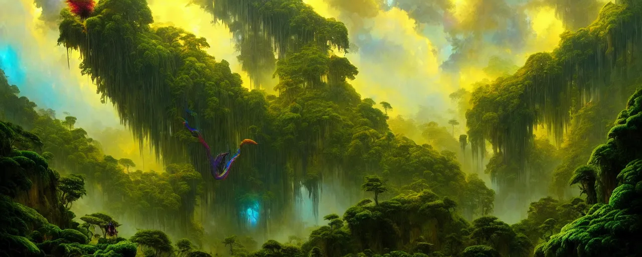 Prompt: stunning landscape portrait of an incredible lush cloud forest, bird's eye view, shamans and strange creatures, iridescent clouds, vibrant yellow color scheme, highly detailed, style of romanticism, cinematic, artstation, moebius, greg rutkowski, peter mohrbacher, marc simonetti