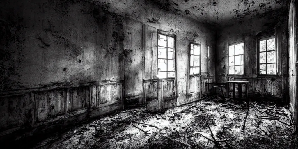 Prompt: a very dark room at night in a derelict house with no windows lit only by candlelight, black and white, grungy