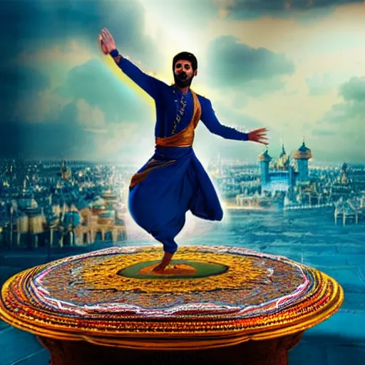 Image similar to bad photoshop of an indian man on a flying carpet singing alladin