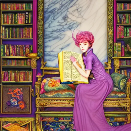 Image similar to a detailed fantasy pastel portrait of a woman wizard in ornate clothing lounging on a purpur pillow on the marble floor in front of her bookcase in a room, reading an ancient tome. to the side is a potted plant, moody light. ancient retrofuturistic setting. 4 k key art. raytracing, perspective, by chie yoshii and yoshitaka amano.