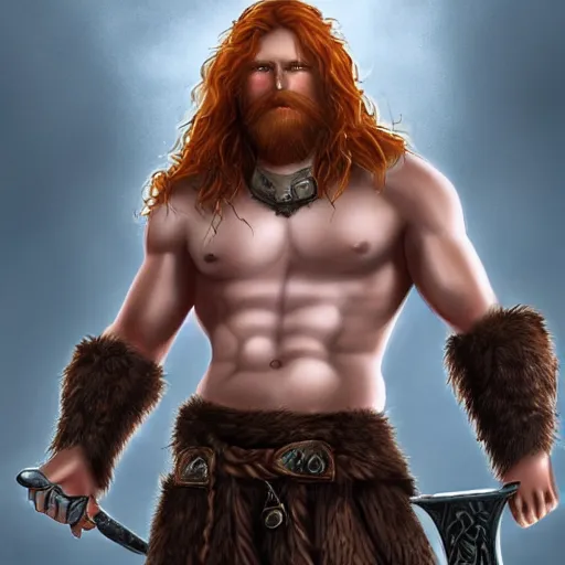 Image similar to ginger viking with flowing long wavy hair in leather armor, very pale, very hairy chest, bare chest, very thick legs, bare legs, husky body type, very muscular, very tall, full body picture, fantasy, dungeons and dragons, detailed digital art, 4 k