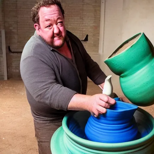 Prompt: johnny vegas making a very very big teapot out of wet clay, on a pottery wheel, art school, artist, studio, performance, photorealistic