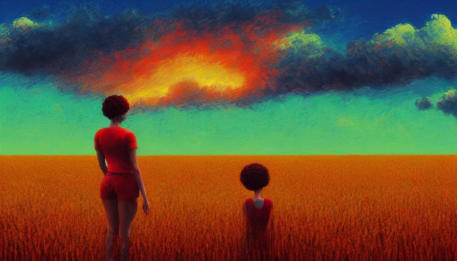 Image similar to red carnation afro head, full body, girl watching sunset, empty wheat field, surreal photography, colorful clouds, tree, impressionist painting, colorful clouds, digital painting, pointillism, artstation, simon stalenhag