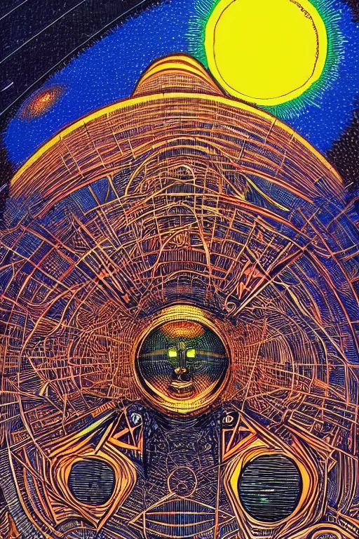 Prompt: a blazing geometric sun above a techno cyclops god, detailed, 4 k, warm colours, by stanley donwood and philippe druillet,