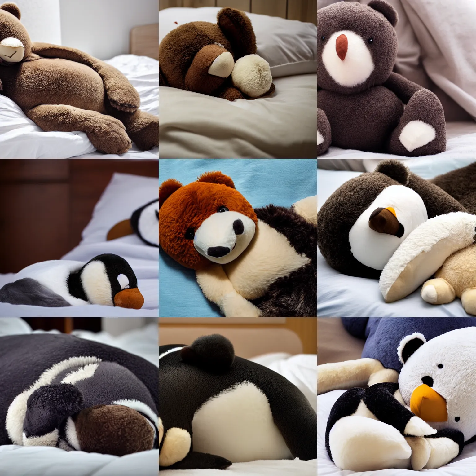 Prompt: penguin sleeping in bed with teddy bear