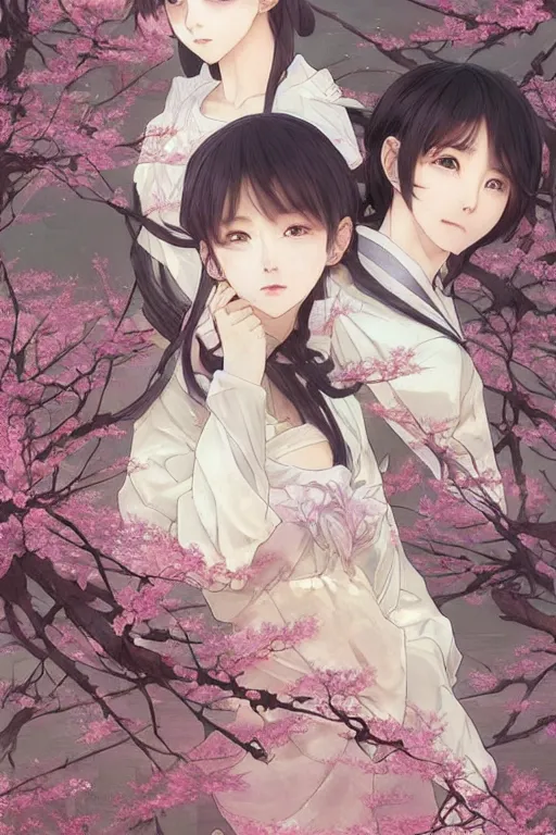 Image similar to beautiful cottagecore anime BTS k-pop band, phone wallpaper. intricate, elegant. the background is cherry blossoms !. highly detailed, digital painting, artstation, concept art, smooth, sharp, focus, illustration. . art by artgerm and greg rutkowski and alphonse mucha, in the style of japanese manga