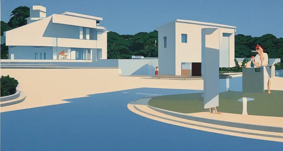 Image similar to modern villa, italian seaside, hiroshi nagai