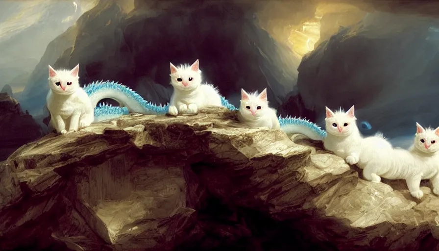 Prompt: highly detailed painting of white cute baby scaled ridge backed dragon cats on a blue and white iceberg by william turner, by greg rutkowski, by william constable, thick brush strokes and visible paint layers, 4 k resolution