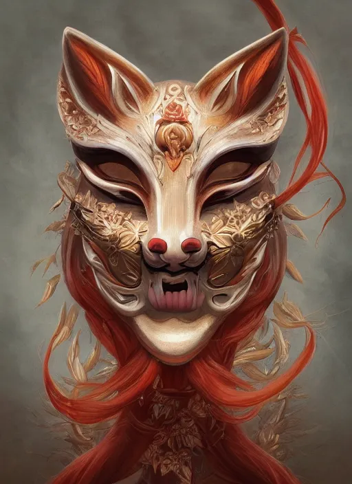 Image similar to a beautiful detailed oil on copper art illustration of a japanese kitsune mask woman, centered, by charlie bowater, zeng fanzh, trending on artstation, dim dusk lighting, cinematic lighting, detailed lighting, volumetric lighting, realistic, f 8, 4 k hd wallpaper