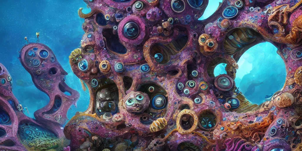 Image similar to of an intricate sea reef with strange cute friendly happy creatures with huge eyes, mouth, long tongue, round teeth and goofy face, appearing from the background, in the style of gehry and gaudi, macro lens, shallow depth of field, ultra detailed, digital painting, trending artstation, concept art, illustration, cinematic lighting, photorealism, epic, octane render