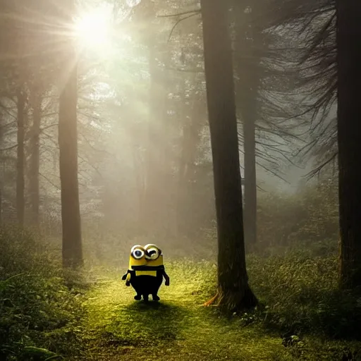 Prompt: sad minion in misty forest scene, the sun shining through the trees