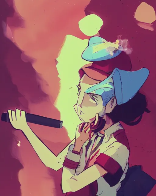 Image similar to girl with beret smoking a cigarette, colored manga panel, drawn by Anton Fadeev