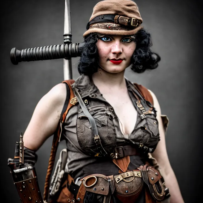 Image similar to photograph of a real - life very beautiful dieselpunk warrior. extremely detailed. dslr. 8 5 mm.