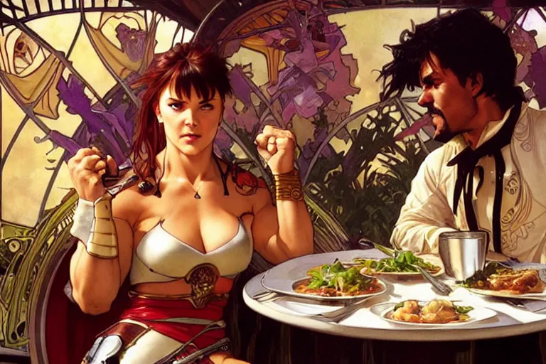 Image similar to xena warrior princess eating at a restaurant, with a hispanic man in a suit as her companion, art by artgerm and greg rutkowski and alphonse mucha