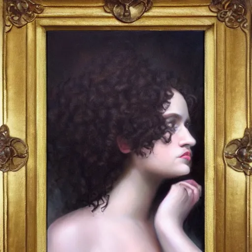 Image similar to oil painting of princess Vulvine, Hungarian, curly dark hair, fair skin, dark ominous, blurred background by Apelles of Kos, concept art, master, realism, romantism