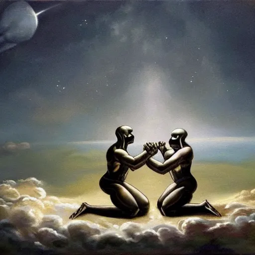 Image similar to masterful oil painting, of god arm wrestling a grey alien in the sky, background of the earth below them