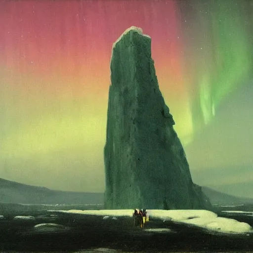 Image similar to the epic abstract painting'arctic monolith with aurora borealis ', by caspar david friedrich!!!, by rothko!!!, stunning masterpiece, trending on artstation