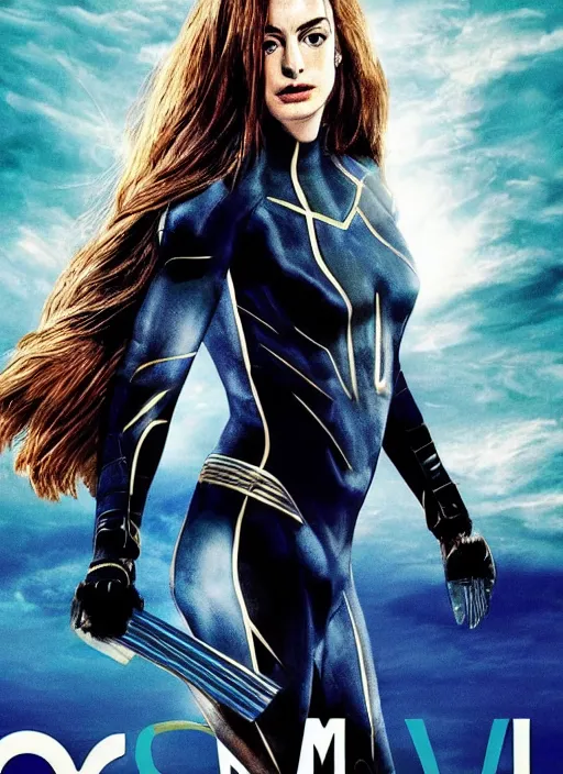 Image similar to a movie poster for a 2020 superhero movie Aquawoman, starring Anne Hathaway, designed by John Alvin