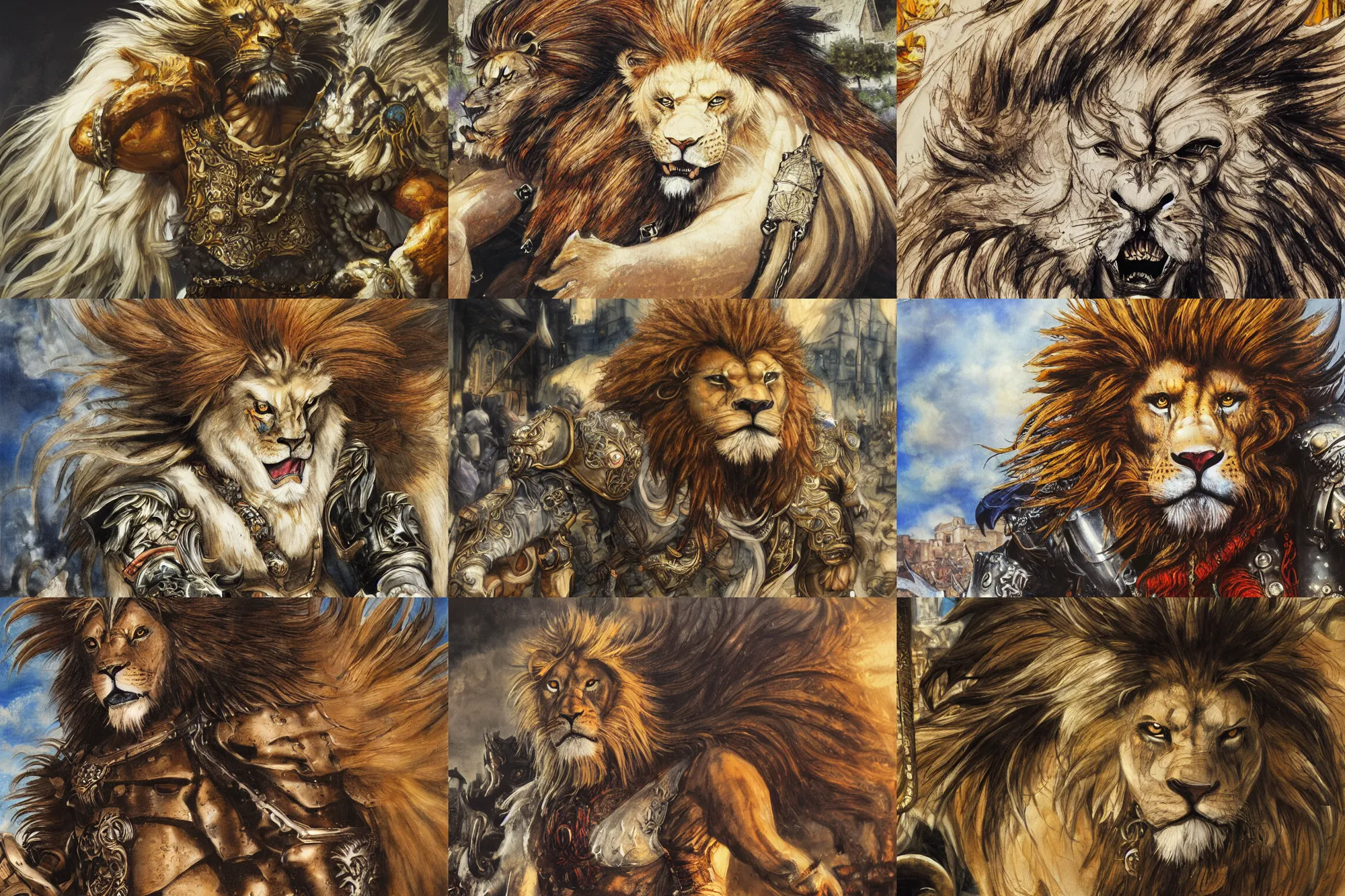 Prompt: 8k Yoshitaka Amano painting of upper body of a young cool looking lion beast-man at a medieval market at windy day. Lion with white mane, Depth of field. He is wearing complex fantasy armors. He has huge paws. Renaissance style lighting.