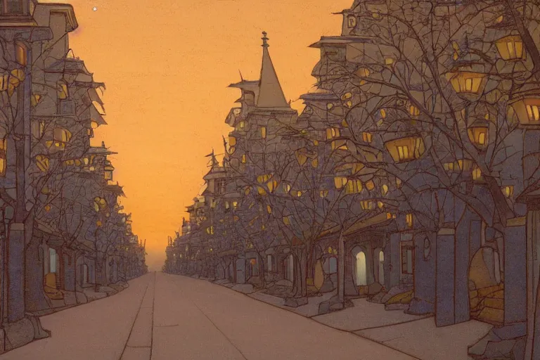 Prompt: tree-lined street at twilight in a very old very beautiful city by Thomas Seddon and Nicholas Roerich, glowing paper lanterns, strong dramatic cinematic lighting , ornate tiled architecture, lost civilizations, smooth, sharp focus, extremely detailed