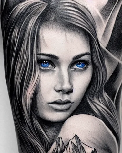 Image similar to tattoo design sketch of a beautiful blue - eyed woman face with a faded background of beautiful mountains on her side, hyper - realistic, in the style of den yakovlev, amazing detail, black and white