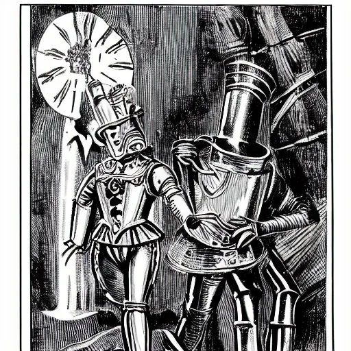 Image similar to a scene from the book The Tin Man of Oz by L. Frank Baum