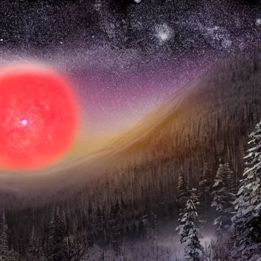 Image similar to A forested valley surrounded by snow-capped mountains at night, a red nebula and orange gas giant with rings in the sky, no clouds, sci-fi, photorealistic