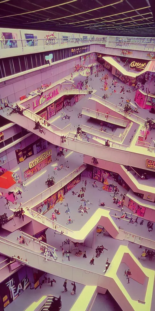 Prompt: huge sprawling angular dimension of infinite 8 0 s mall interior. liminal space, surrealism, mallsoft, vaporwave. muted colors, 8 0 s pop culture, food court, shot from above, endless, neverending epic scale by escher and ricardo bofill