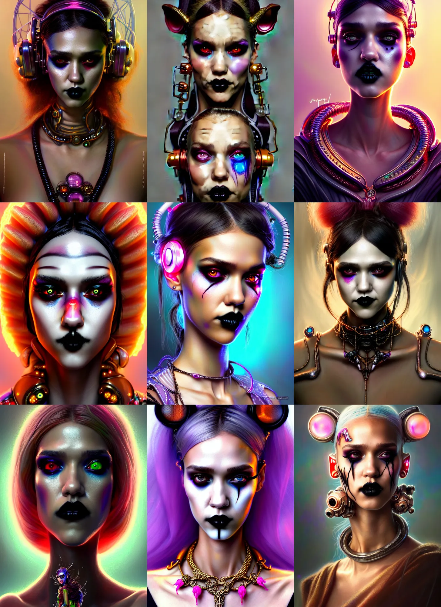 Prompt: disney weta portrait, soft lustrous biotech raver white goth clowncore jessica alba cyborg, floral bling, hi - fructose, sci - fi fantasy cyberpunk intricate decadent highly - detailed digital painting, octane render, artstation, concept art, smooth, sharp focus, illustration, art by artgerm, mucha, loish, wlop, pixar, mattel