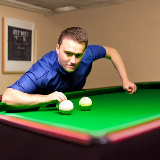 Prompt: snooker player Doug Mountjoy potting an onion in the middle pocket of a snooker table