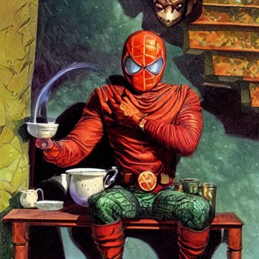 Prompt: Mysterio drinking tea, artwork by Earl Norem,