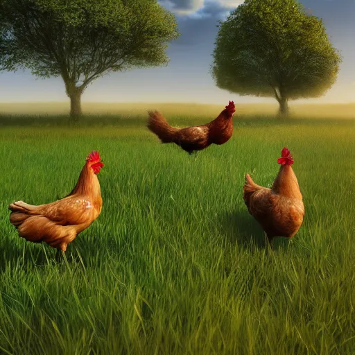 Prompt: chickens in field, sunny day with clouds, unreal 5 render, studio ghibli, tim hildebrandt, digital art, octane render, beautiful composition, trending on artstation, award - winning photograph, masterpiece