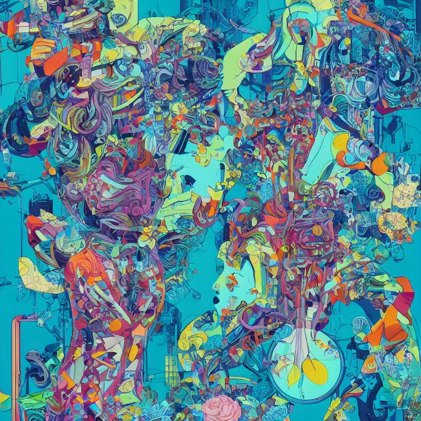 Prompt: chemistry in action by tristan eaton, beeple and james jean, chiho aoshima color scheme