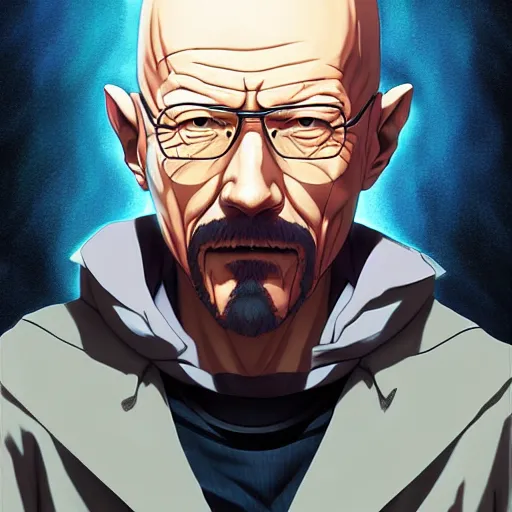 Image similar to anime portrait of walter white as an anime antagonist by Stanley Artgerm Lau, WLOP, Rossdraws, James Jean, Andrei Riabovitchev, Marc Simonetti, and Sakimichan, trending on artstation