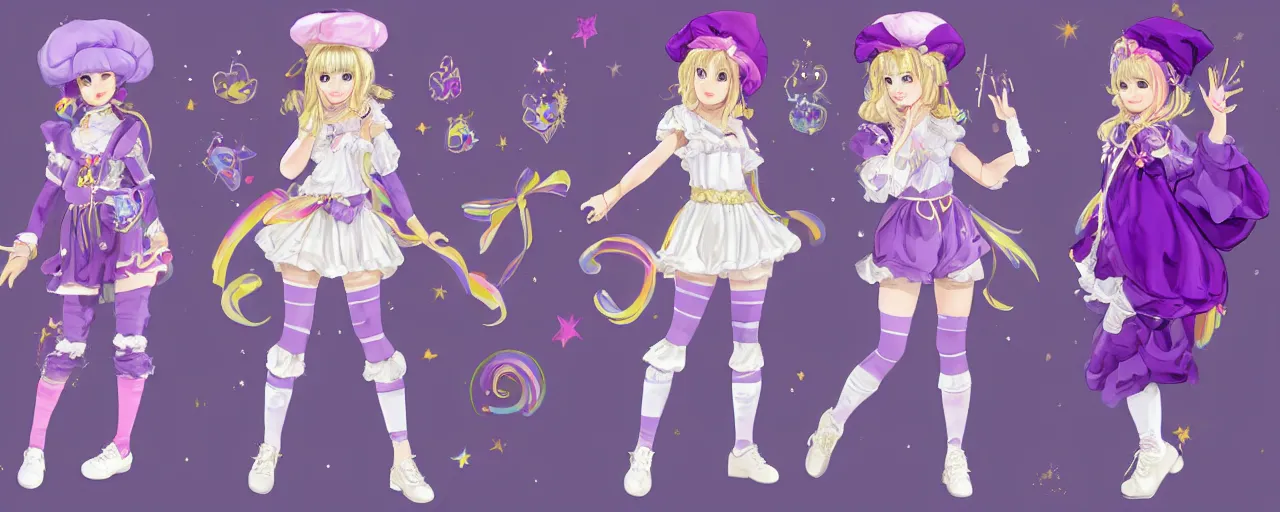 Prompt: A character sheet of full body cute magical girls with short blond hair wearing an oversized purple Beret, Purple overall shorts, Short Puffy pants made of silk, pointy jester shoes, a big billowy scarf, and white leggings. Rainbow accessories all over. Fancy Dress, Lolita Fashion, Golden Ribbon, Flowing fabric. Covered in stars. Short Hair. Art by william-adolphe bouguereau and Paul Delaroche and Alexandre Cabanel and Lawrence Alma-Tadema and Johannes Helgeson and WLOP and Artgerm and Shoichi Aoki. Fashion Photography. Decora Fashion. harajuku street fashion. Kawaii Design. Intricate, elegant, Highly Detailed. Smooth, Sharp Focus, Illustration Photo real. realistic. Hyper Realistic. Sunlit. Moonlight. Dreamlike. Fantasy Concept Art. Surrounded by clouds. 4K. UHD. Denoise.